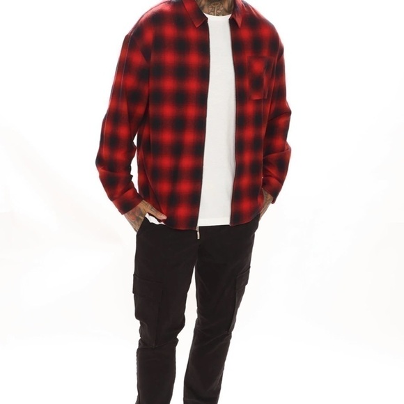 September Long Sleeve Zipper Flannel Shirt-Black/Red - Picture 3 of 7